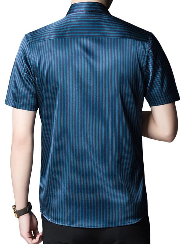 Men’s Classic Striped Short Sleeve Button-Up Silk Dress Shirt