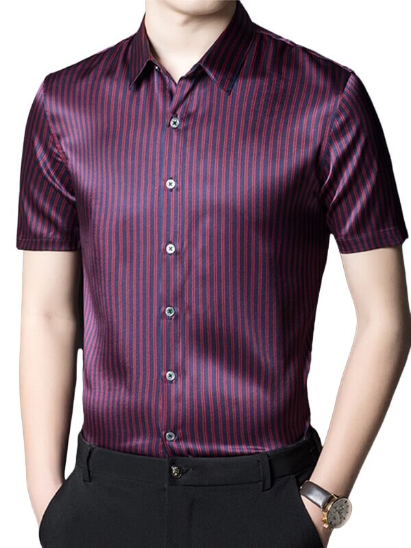 Men’s Classic Striped Short Sleeve Button-Up Silk Dress Shirt