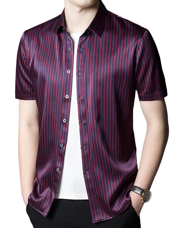 Men’s Classic Striped Short Sleeve Button-Up Silk Dress Shirt