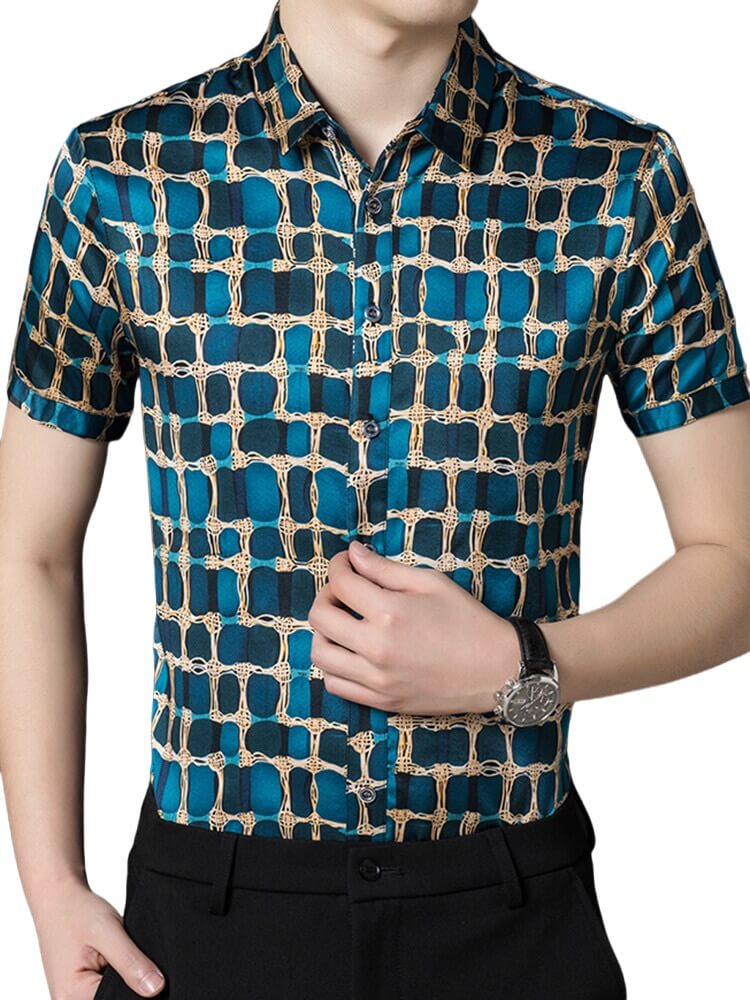 Mens Teal and Gold Chain Print Short Sleeve Button-Up Silk Shirt