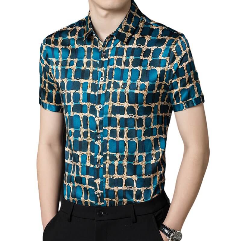 Mens Teal and Gold Chain Print Short Sleeve Button-Up Silk Shirt