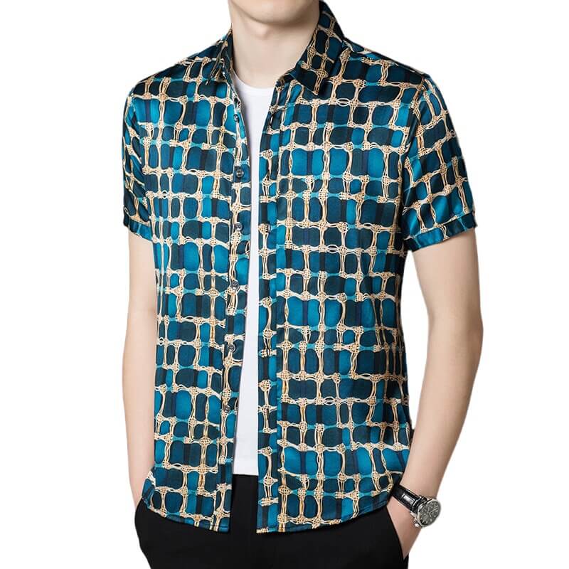 Mens Teal and Gold Chain Print Short Sleeve Button-Up Silk Shirt