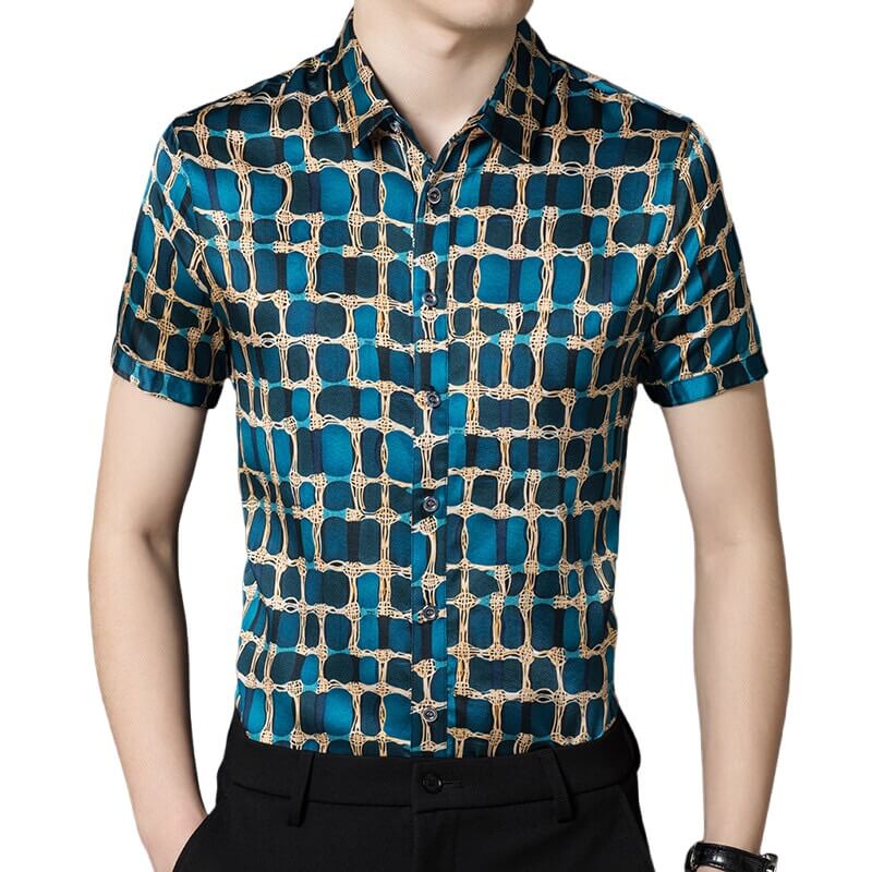 Mens Teal and Gold Chain Print Short Sleeve Button-Up Silk Shirt