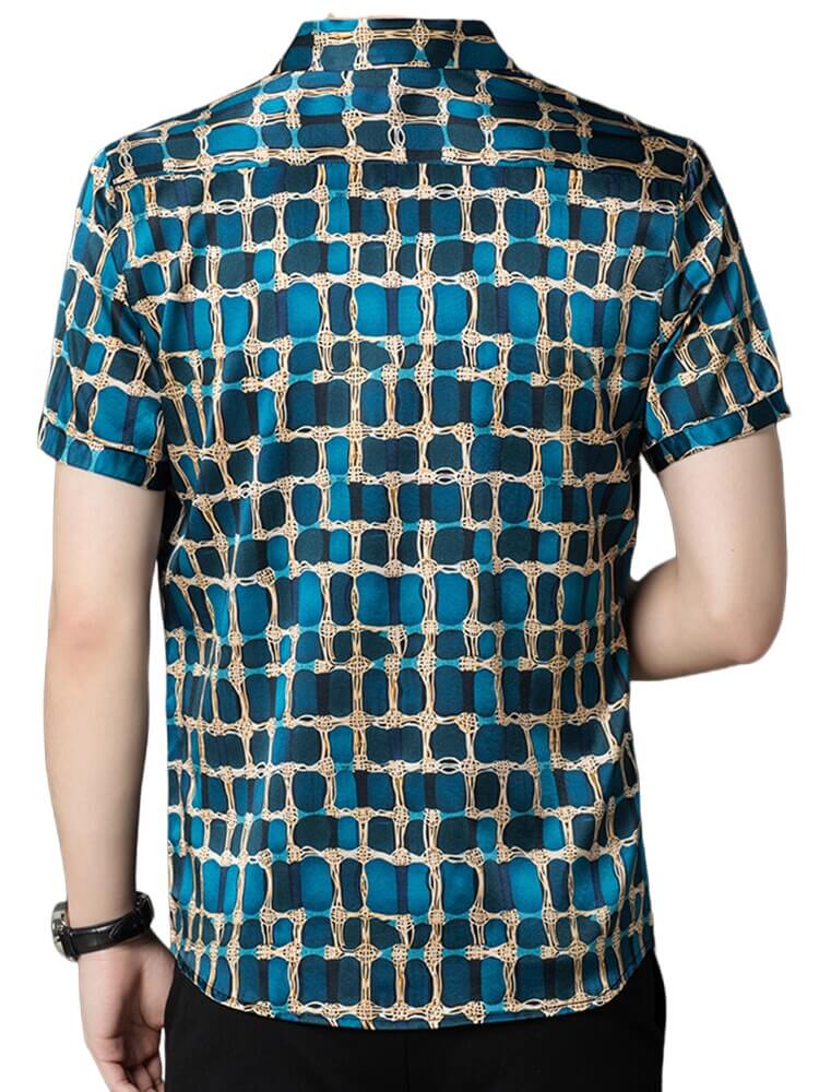 Mens Teal and Gold Chain Print Short Sleeve Button-Up Silk Shirt
