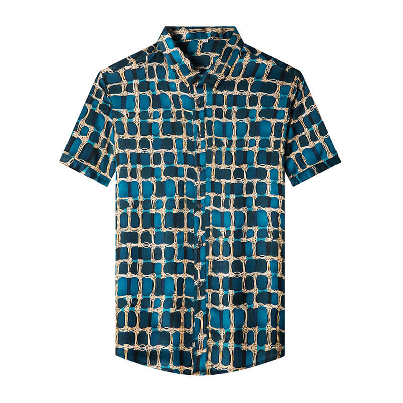 Mens Teal and Gold Chain Print Short Sleeve Button-Up Silk Shirt
