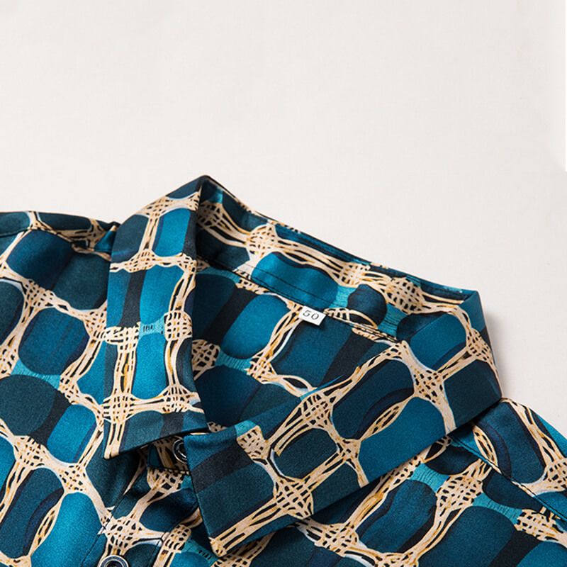 Mens Teal and Gold Chain Print Short Sleeve Button-Up Silk Shirt