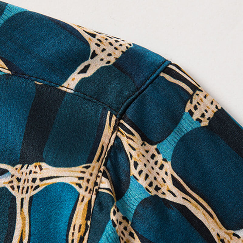 Mens Teal and Gold Chain Print Short Sleeve Button-Up Silk Shirt