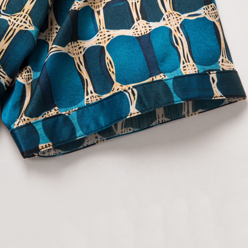 Mens Teal and Gold Chain Print Short Sleeve Button-Up Silk Shirt