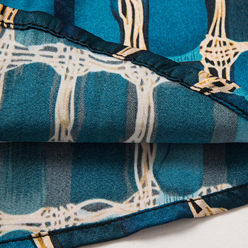 Mens Teal and Gold Chain Print Short Sleeve Button-Up Silk Shirt