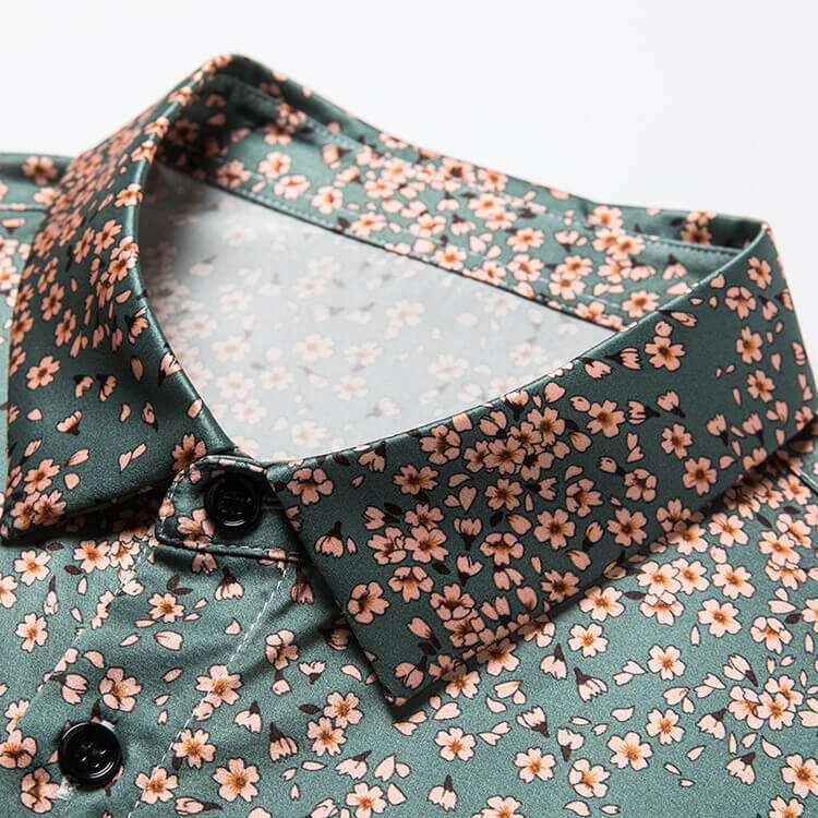 Men’s Sage Green Floral Print Short Sleeve Button-Up Silk Shirt