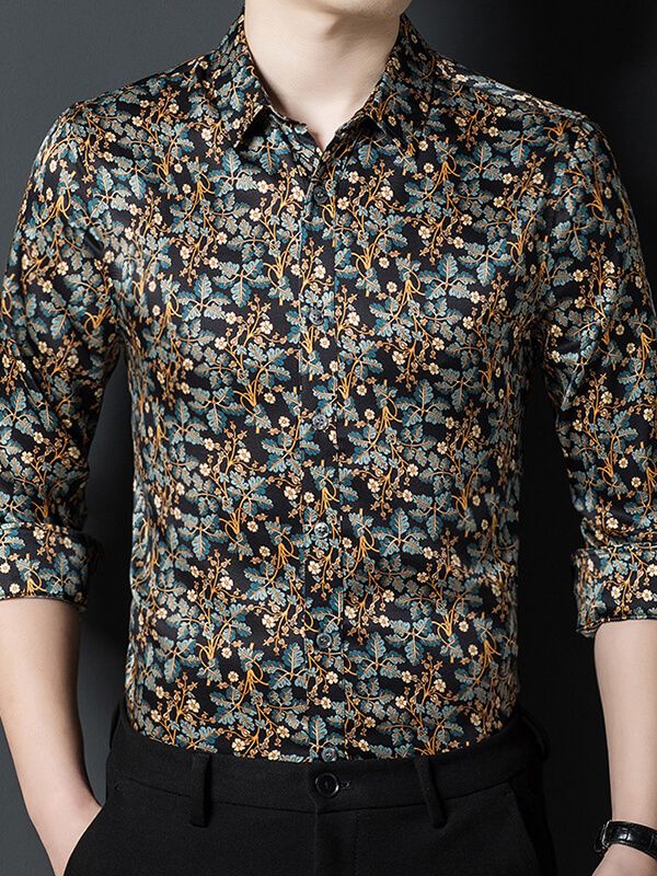 Men's Long Sleeved Gold and Teal Floral Print Black Silk Shirt