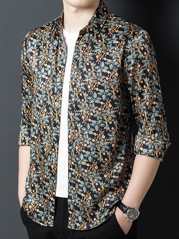 Men's Long Sleeved Gold and Teal Floral Print Black Silk Shirt