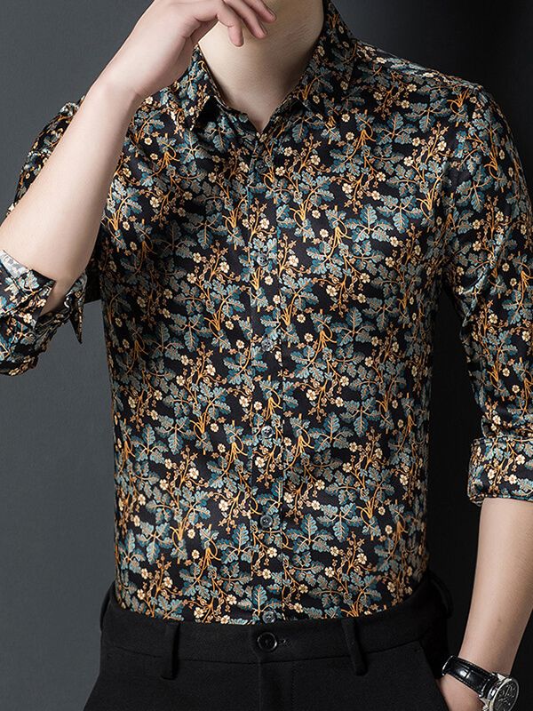 Men's Long Sleeved Gold and Teal Floral Print Black Silk Shirt