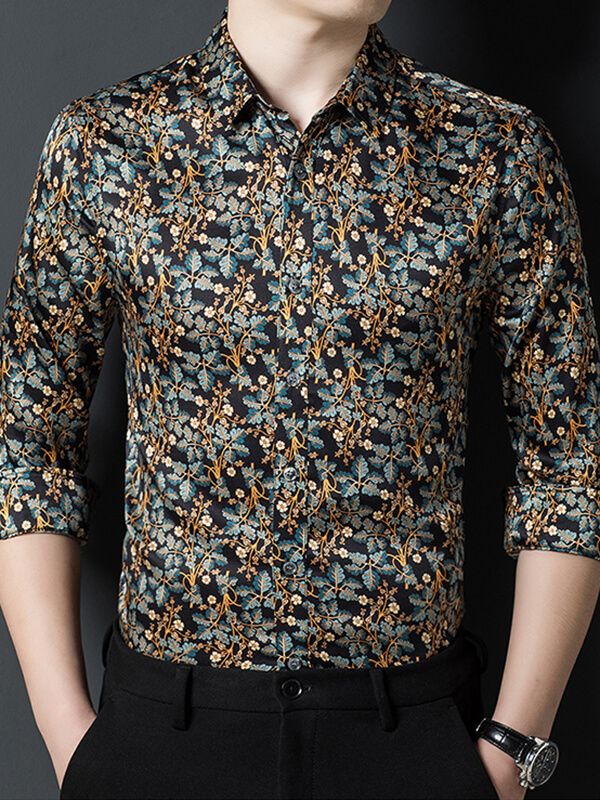 Men's Long Sleeved Gold and Teal Floral Print Black Silk Shirt