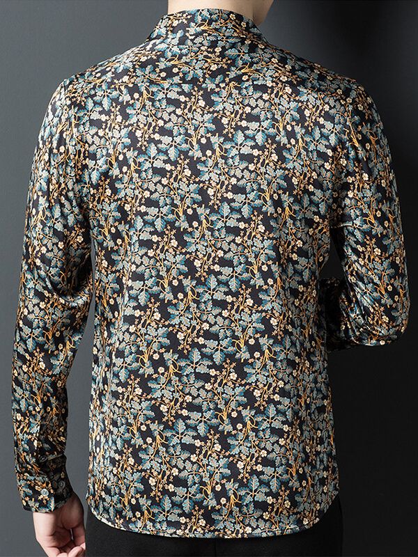Men's Long Sleeved Gold and Teal Floral Print Black Silk Shirt