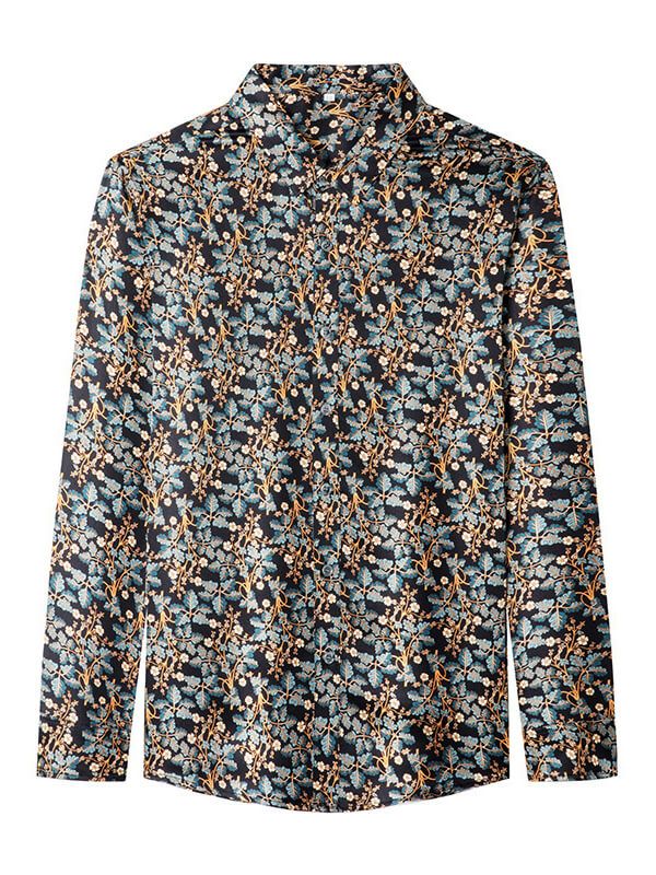 Men's Long Sleeved Gold and Teal Floral Print Black Silk Shirt