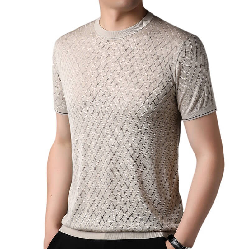 Men’s Diamond Knit Short Sleeve Crew Neck Silk Textured T-Shirt