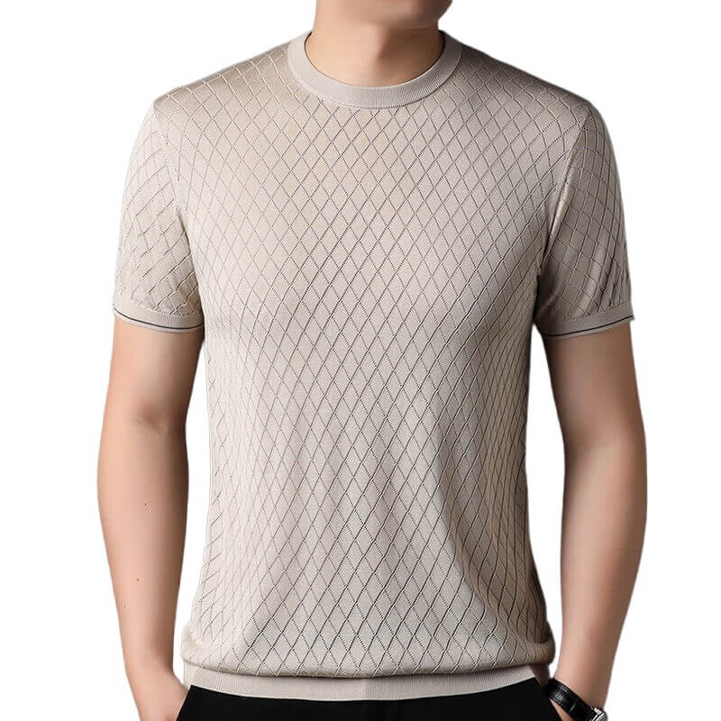 Men’s Diamond Knit Short Sleeve Crew Neck Silk Textured T-Shirt
