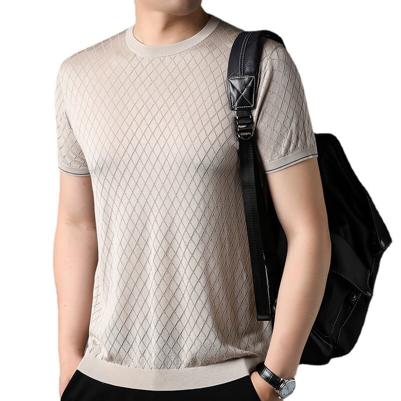 Men’s Diamond Knit Short Sleeve Crew Neck Silk Textured T-Shirt