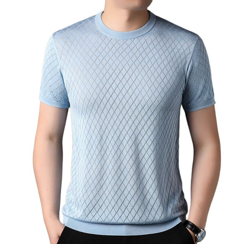 Men’s Diamond Knit Short Sleeve Crew Neck Silk Textured T-Shirt