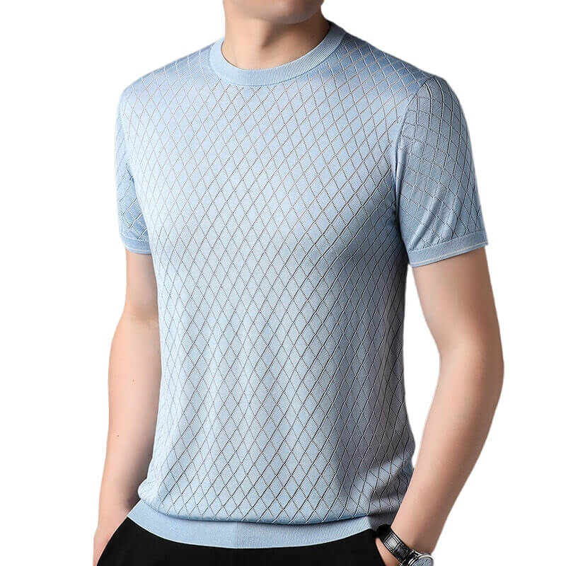 Men’s Diamond Knit Short Sleeve Crew Neck Silk Textured T-Shirt