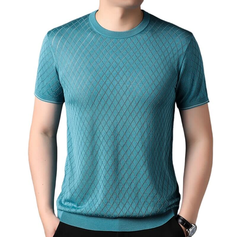 Men’s Diamond Knit Short Sleeve Crew Neck Silk Textured T-Shirt