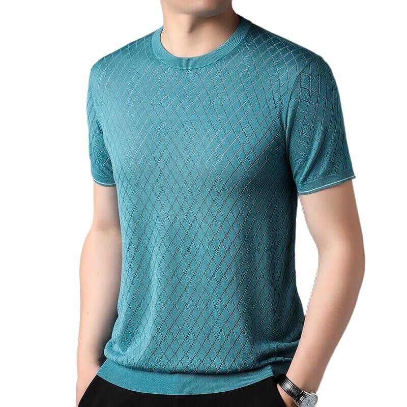 Men’s Diamond Knit Short Sleeve Crew Neck Silk Textured T-Shirt