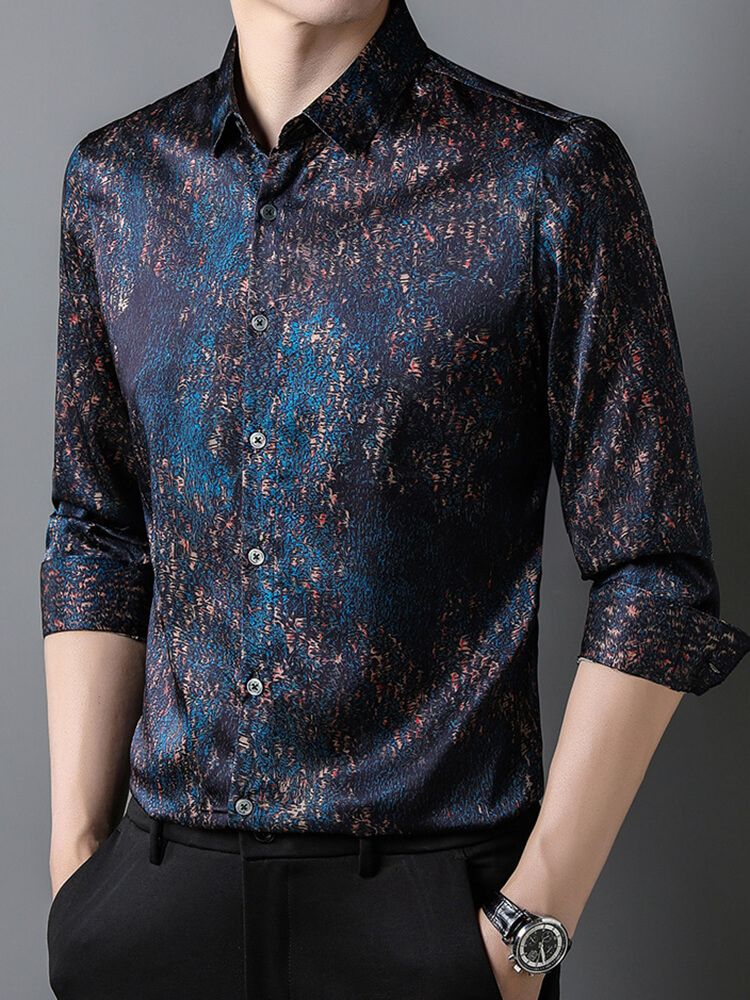 Men's Blue and Black Abstract Pattern Long Sleeve Silk Shirt