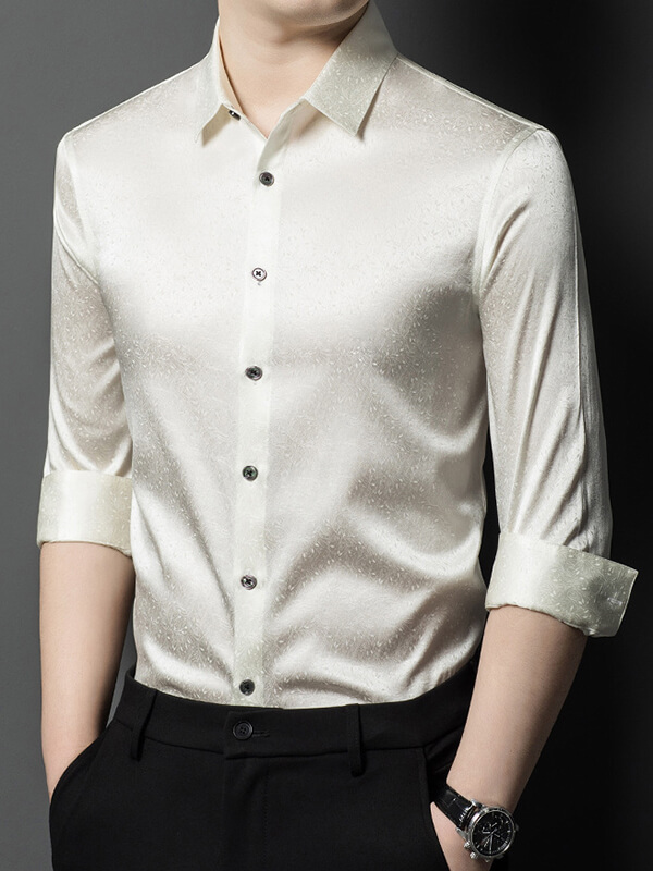 Men's Long Sleeve Button Front Subtle Jacquard Silk Dress Shirt