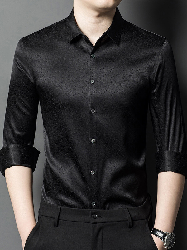 Men's Long Sleeve Button Front Subtle Jacquard Silk Dress Shirt