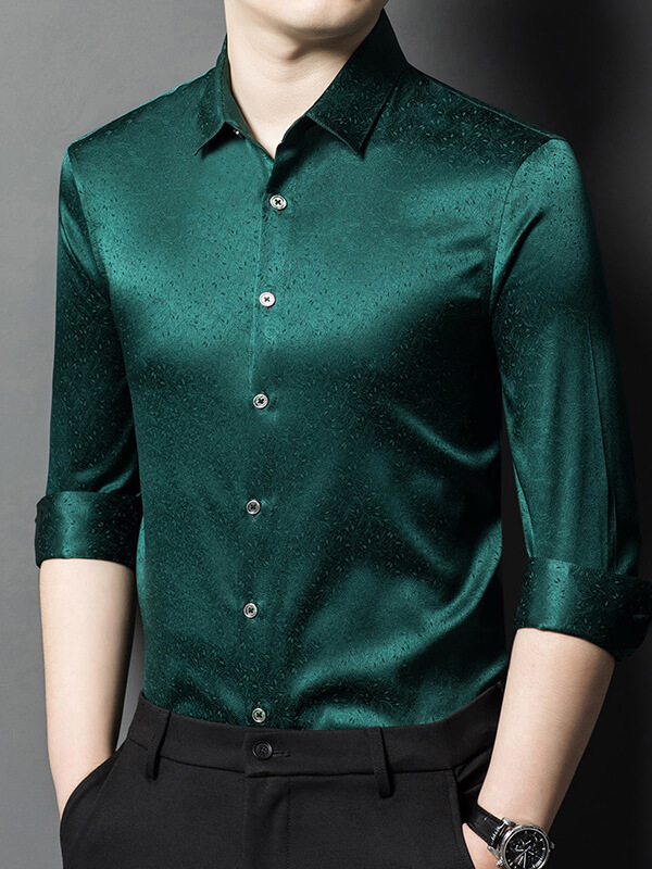 Men's Long Sleeve Button Front Subtle Jacquard Silk Dress Shirt