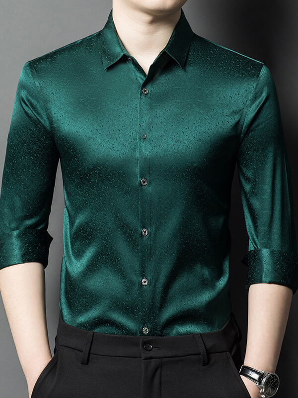 Men's Long Sleeve Button Front Subtle Jacquard Silk Dress Shirt