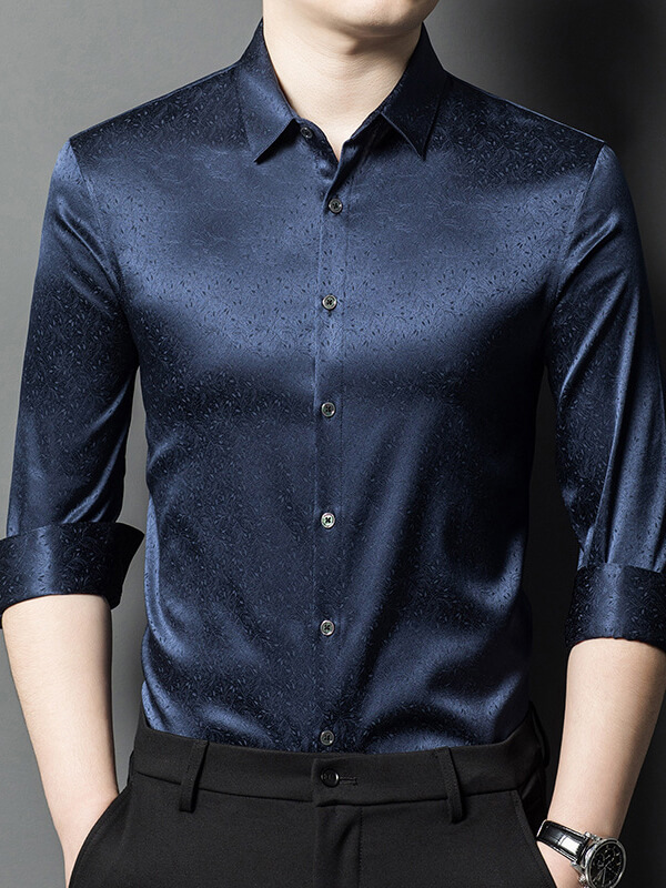 Men's Long Sleeve Button Front Subtle Jacquard Silk Dress Shirt