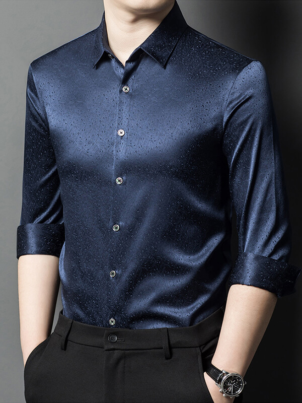 Men's Long Sleeve Button Front Subtle Jacquard Silk Dress Shirt