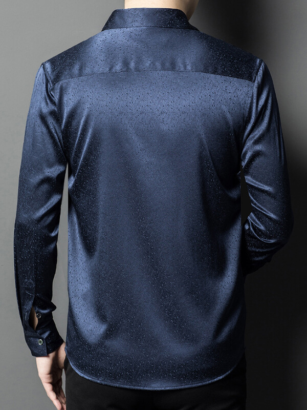 Men's Long Sleeve Button Front Subtle Jacquard Silk Dress Shirt
