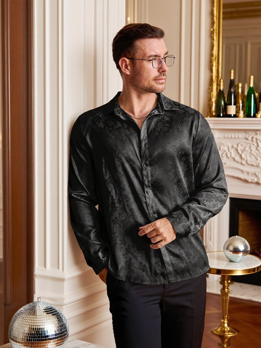 Men’s Long Sleeve Button-Down Floral Jacquard Silk Dress Shirt