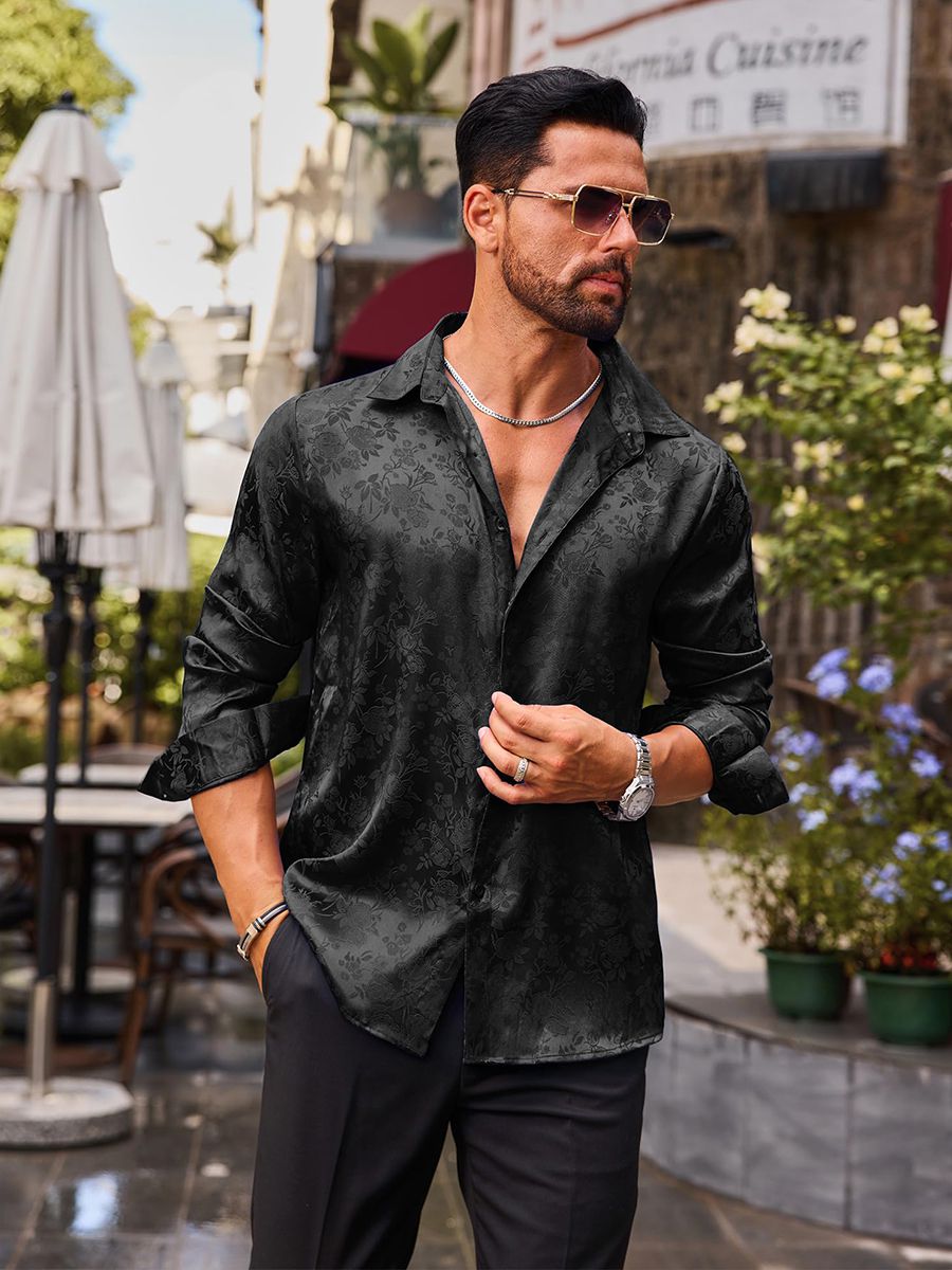 Men’s Long Sleeve Button-Down Floral Jacquard Silk Dress Shirt