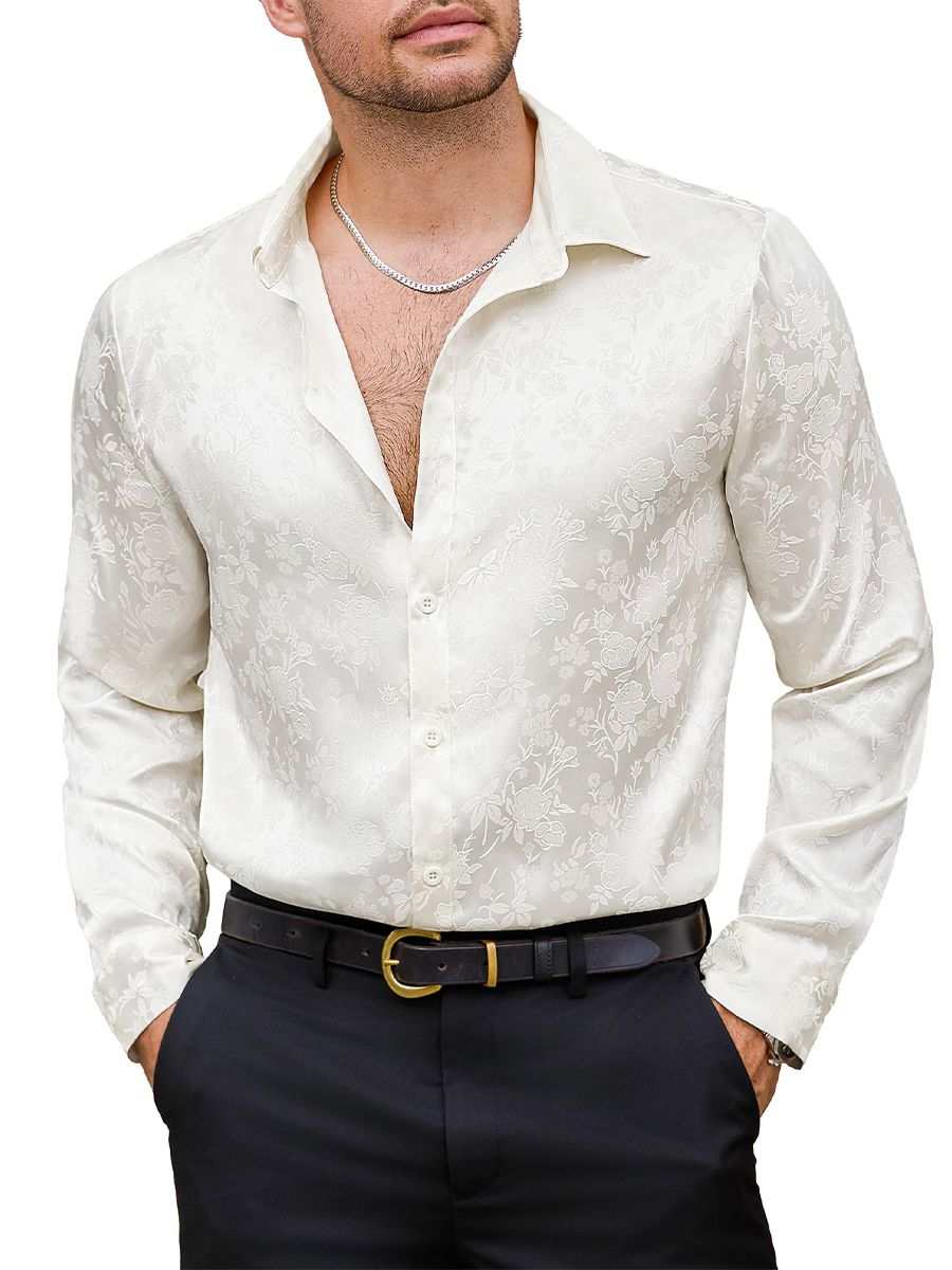 Men’s Long Sleeve Button-Down Floral Jacquard Silk Dress Shirt