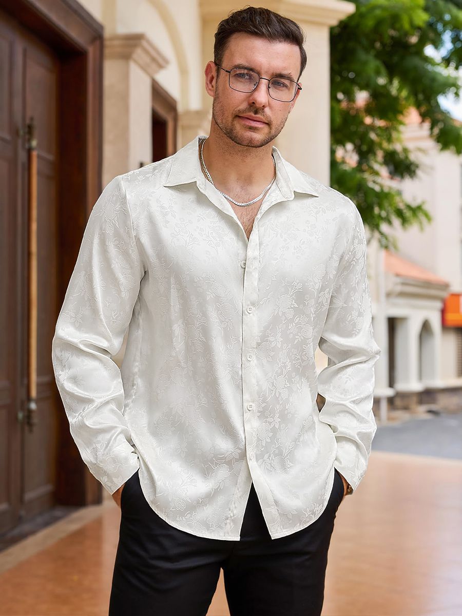 Men’s Long Sleeve Button-Down Floral Jacquard Silk Dress Shirt
