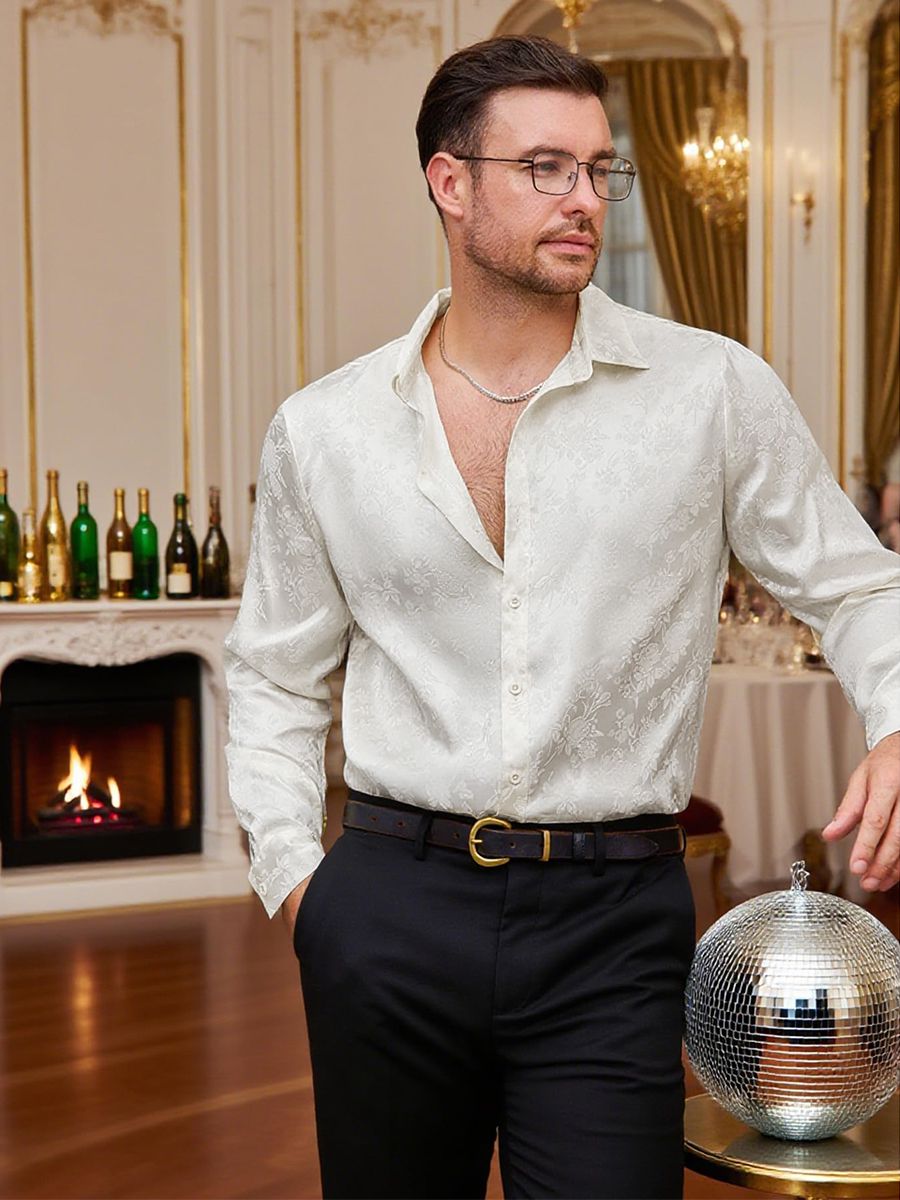 Men’s Long Sleeve Button-Down Floral Jacquard Silk Dress Shirt