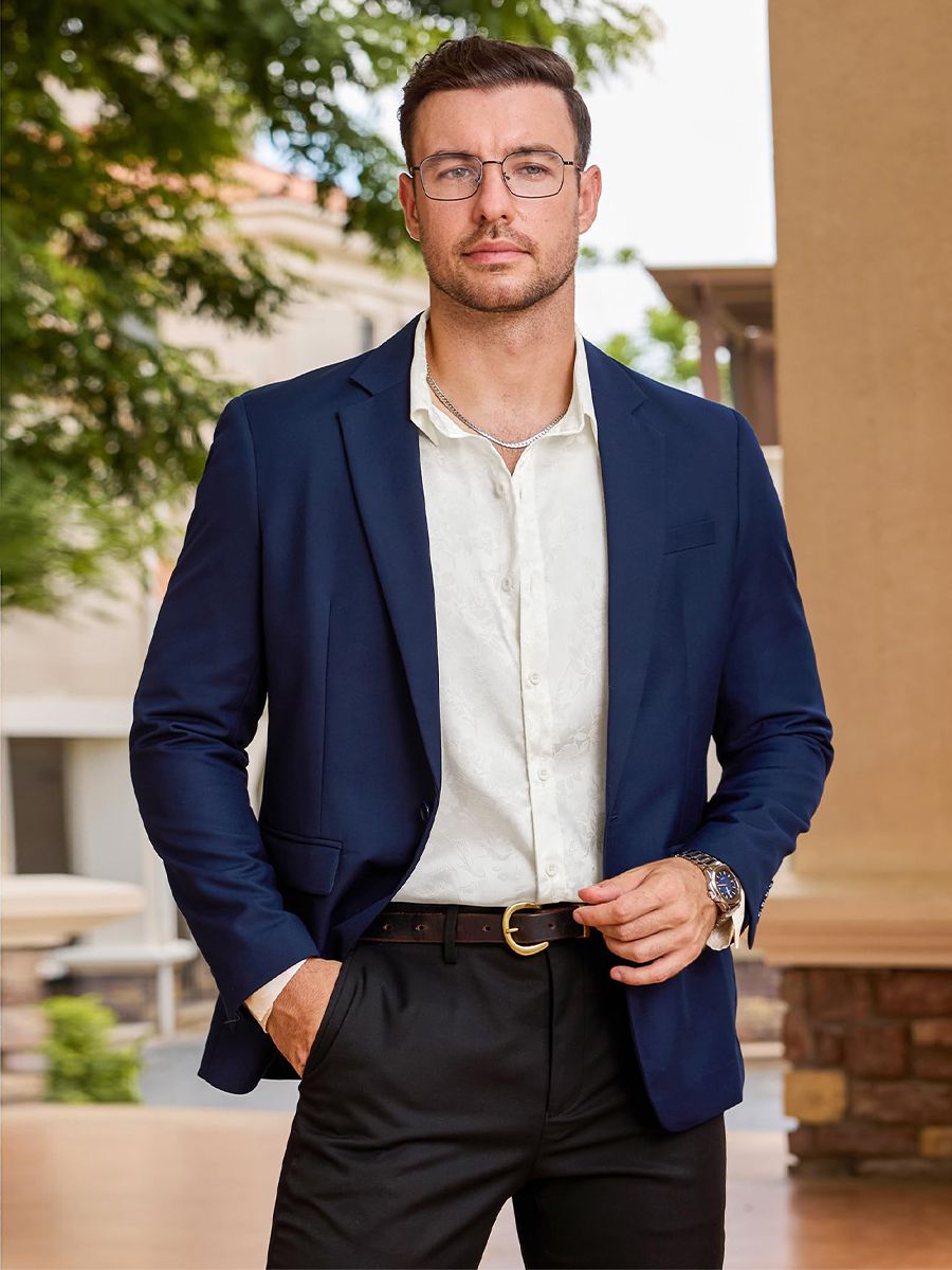 Men’s Long Sleeve Button-Down Floral Jacquard Silk Dress Shirt