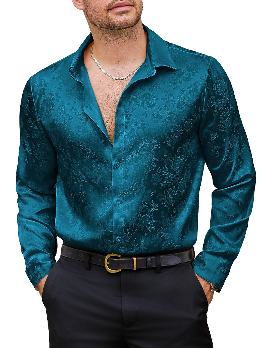 Men’s Long Sleeve Button-Down Floral Jacquard Silk Dress Shirt