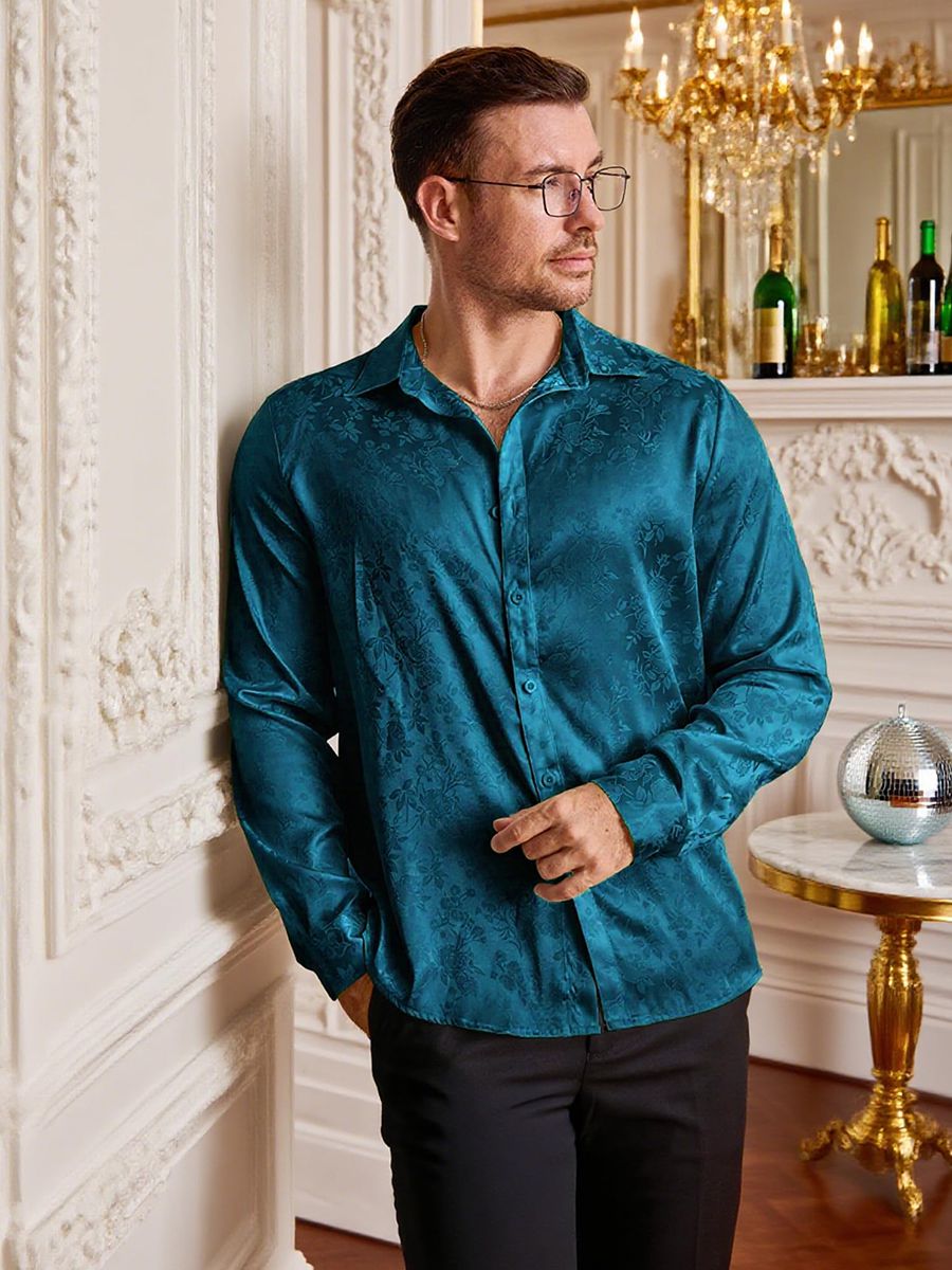 Men’s Long Sleeve Button-Down Floral Jacquard Silk Dress Shirt