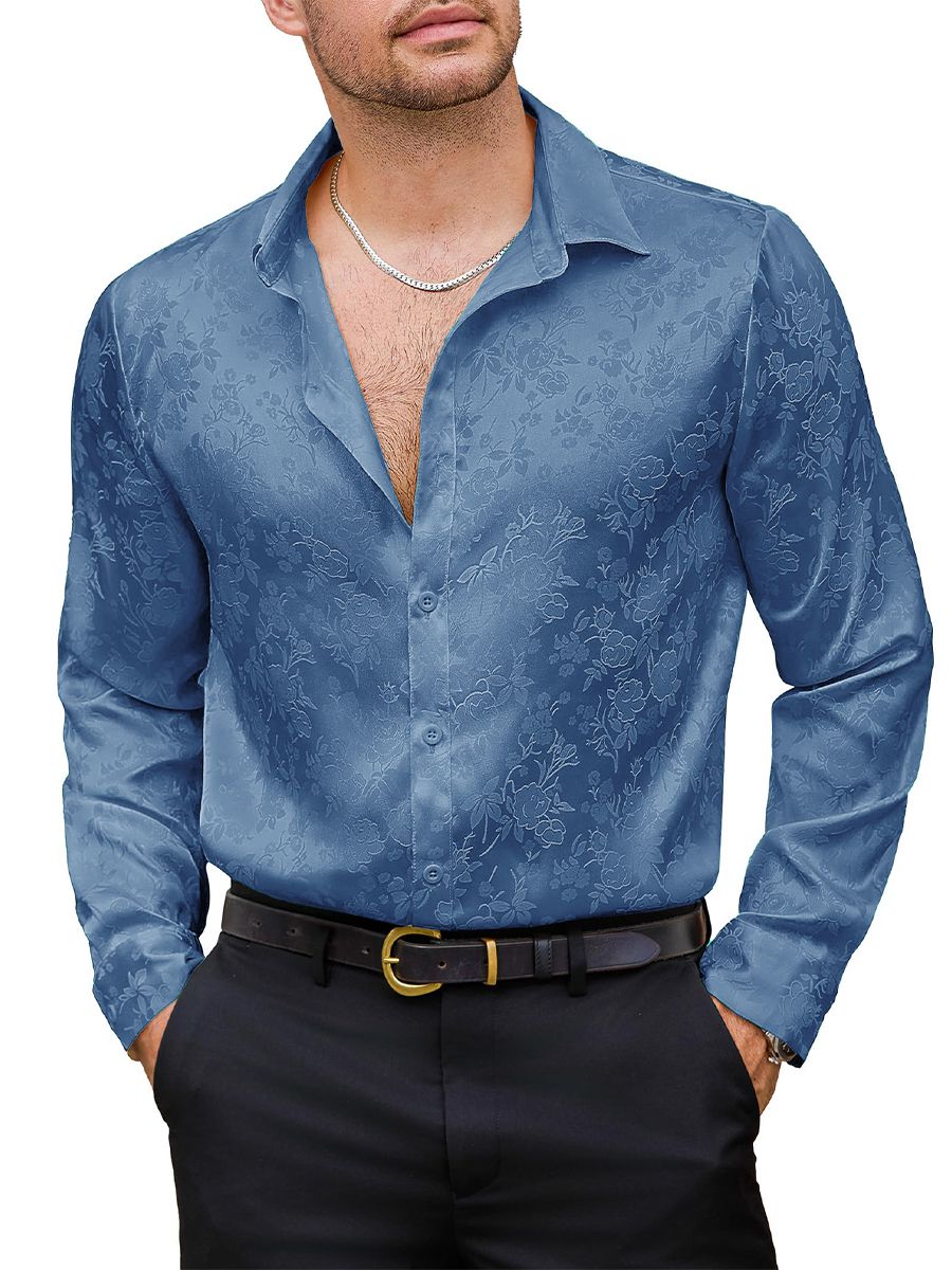 Men’s Long Sleeve Button-Down Floral Jacquard Silk Dress Shirt