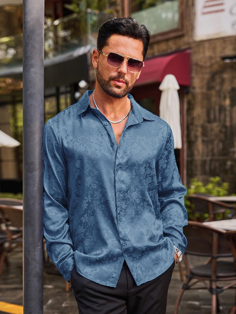 Men’s Long Sleeve Button-Down Floral Jacquard Silk Dress Shirt
