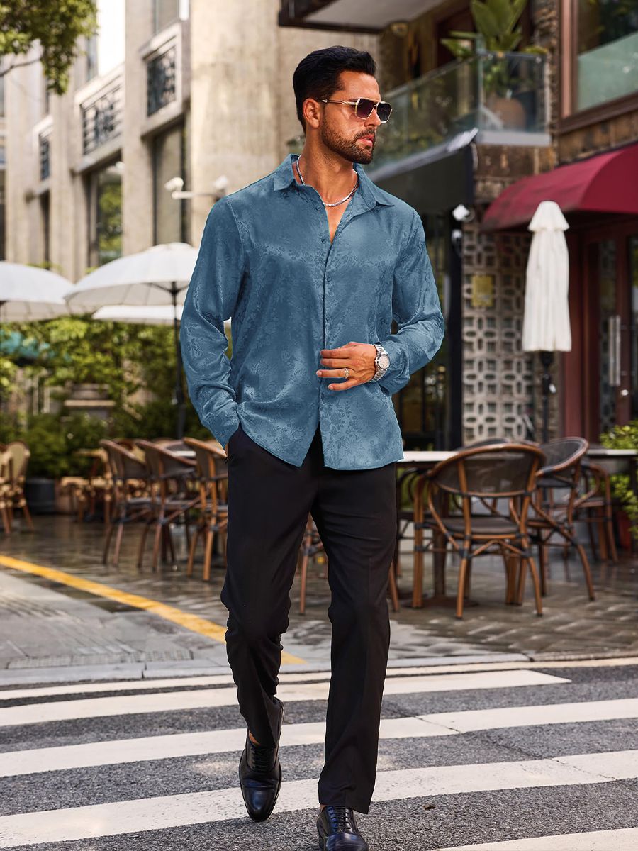 Men’s Long Sleeve Button-Down Floral Jacquard Silk Dress Shirt