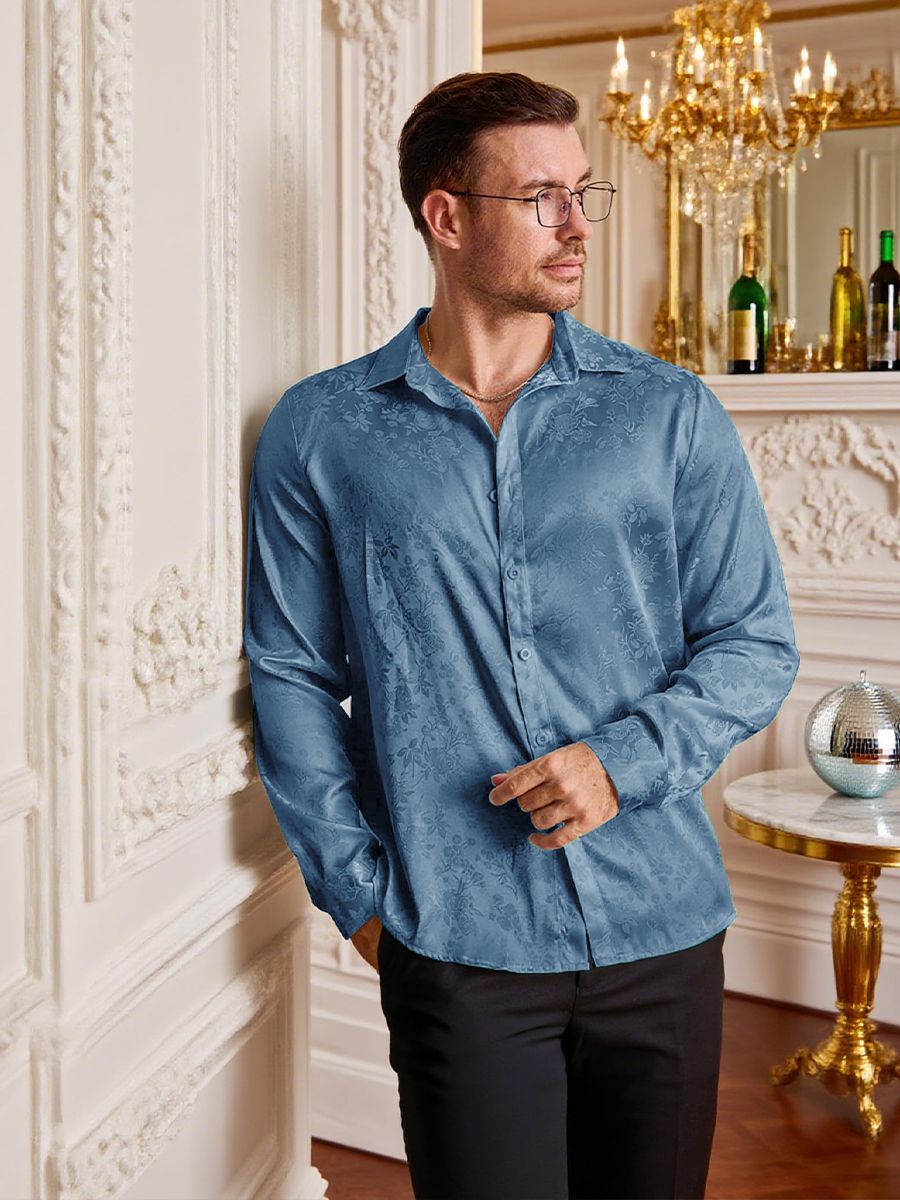 Men’s Long Sleeve Button-Down Floral Jacquard Silk Dress Shirt