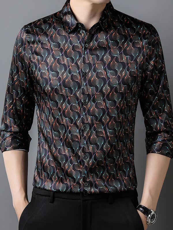 Men's Long Sleeve Black Wave Print Silk Dress Shirt