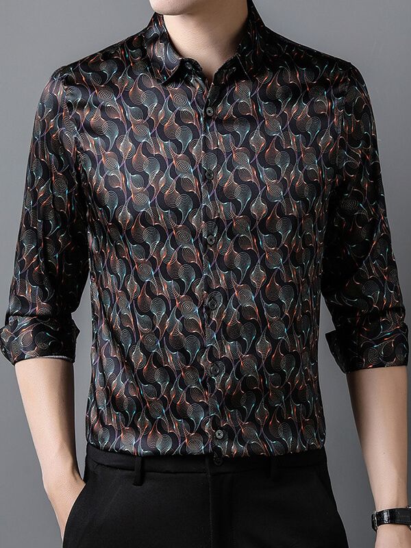 Men's Long Sleeve Black Wave Print Silk Dress Shirt