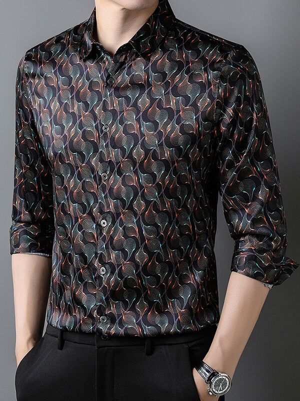Men's Long Sleeve Black Wave Print Silk Dress Shirt